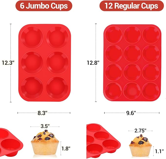 CAKETIME Silicone Muffin Pan, 2 Packs Jumbo 6 Cups and Regular 12 Cups for Baking Muffins, Cupcakes, Egg Bites, Frittatas - Image 2
