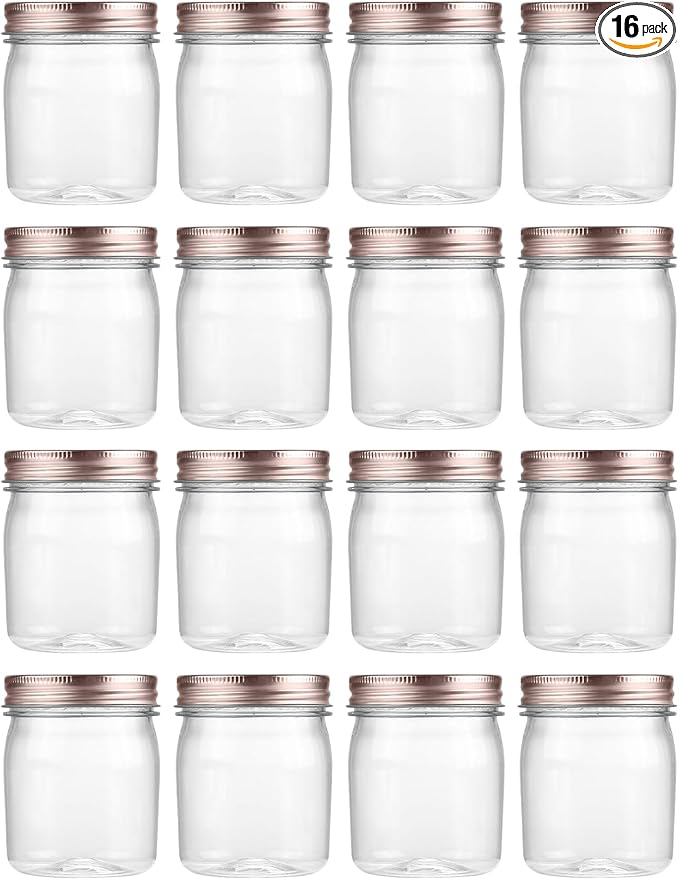 novelinks 8 oz Plastic Mason Jars and Clear Plastic Jars with Lids 8 oz | 16 Pack, Rose Gold, Plastic Containers with Lids, Small Mason Jars, Clear Jars Bulk, Spice Jars, Slime Jars, Mini Jars by novelinks