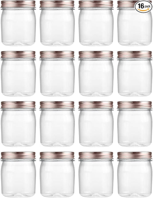 novelinks 8 oz Plastic Mason Jars and Clear Plastic Jars with Lids 8 oz | 16 Pack, Rose Gold, Plastic Containers with Lids, Small Mason Jars, Clear Jars Bulk, Spice Jars, Slime Jars, Mini Jars by novelinks