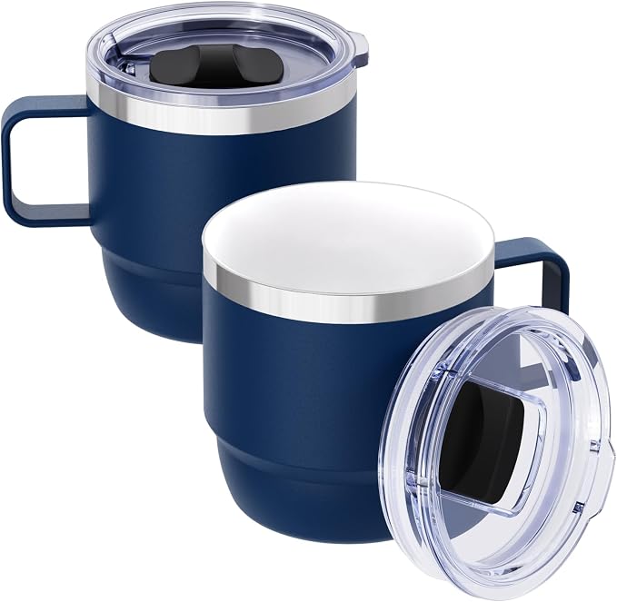 8 oz Small Coffee Mug with Magnetic Sliding Lid & Handle | Ceramic-Lined 18/8 Stainless Steel, Double-Wall Vacuum Insulated, Stackable, Dishwasher Safe, Mini Coffee/Tea Cup, 2 Pack by Cafezi
