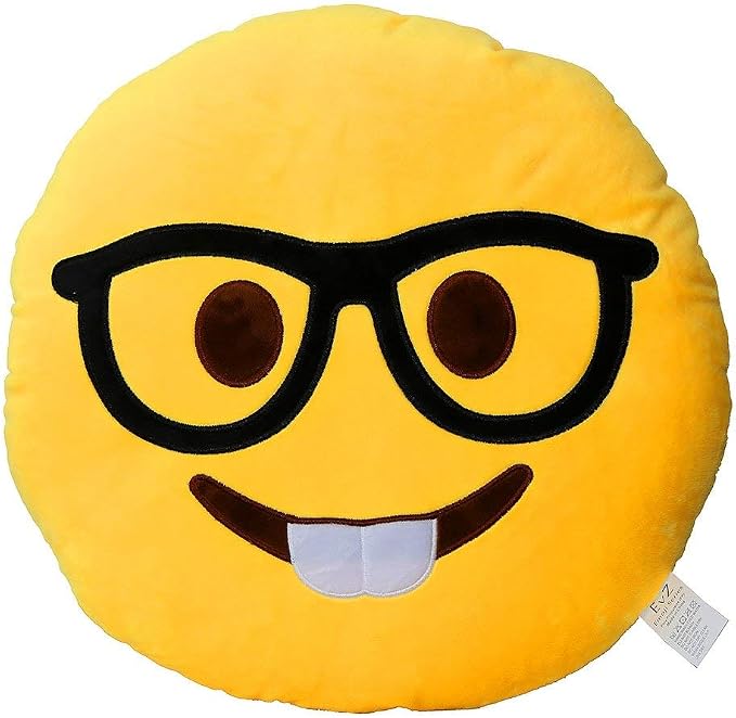 EvZ Official Certified Glasses Boy Emoji Pillow - 32cm Large Soft Plush Smiley Face Geek Emoticon Cushion - Cute Decorative Stuffed Toy for Students, School Gift, Home & Office Decor (Yellow) by EvZ