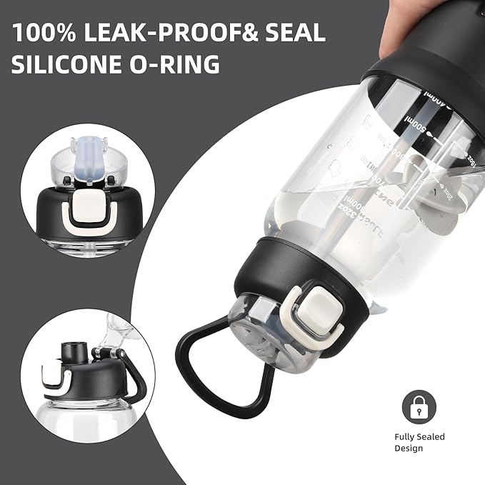 SIEROZUR 32 oz Glass Tumbler with Straw, Glass Water Bottles with 2 Lids-Handle Spout Lid & Straw Lid, 1 Liter Motivational Water Bottles, Silicone Sleeve, Fits Car Cup Holder,Black