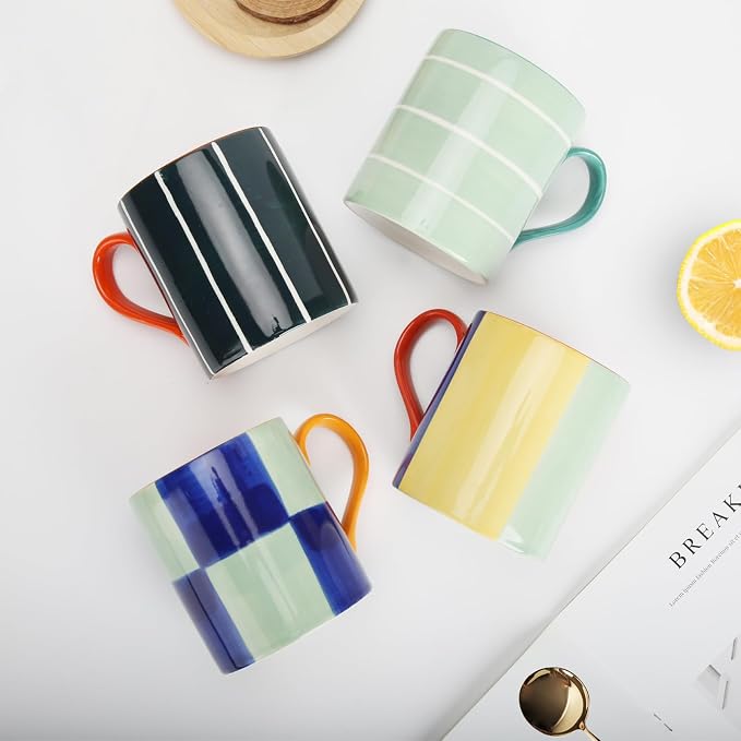 Koja Colorful Hand Painted Ceramic Mugs, 16 oz, Set of 4, Dishwasher Safe | Also microwave safe. Colorful hand painted set makes a great gift for coffee or tea lovers. - Image 4