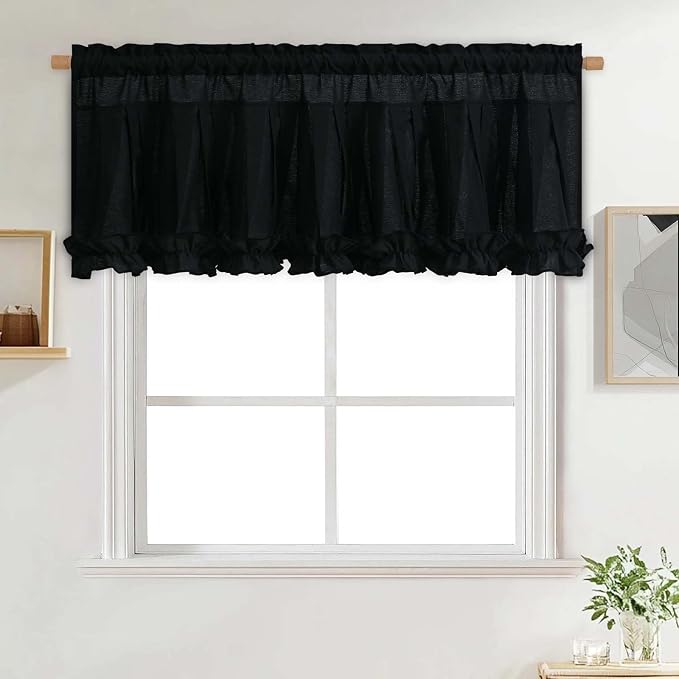 Likiyol Linen Valances for Windows Farmhouse Window Valances with Ruffle Rustic Country Light Filtering Kitchen Valance Curtains Rod Pocket Valance for Bathroom Cafe, Black, 52" W X 18" L - Image 8