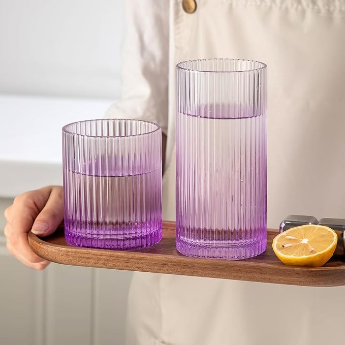 Ribbed Drinking Glasses 8pcs, 12oz and 10oz Glassware, Tumbler Glasses Cup Set for Wedding, Party, Christmas Gift, Purple - Image 6