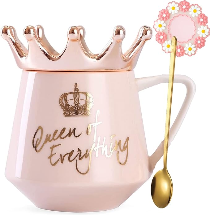 Arawat Pink Queen of Everything Mug with Lid Cute Pink Cup with Crown Tea Coffee Mugs Gift with Spoon & Coaster 12 oz Ceramic Cups Birthday Gifts for Women Girls Friend Valentine's Day Gifts for Women by ARAWAT