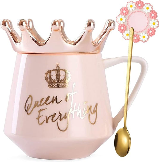 Arawat Pink Queen of Everything Mug with Lid Cute Pink Cup with Crown Tea Coffee Mugs Gift with Spoon & Coaster 12 oz Ceramic Cups Birthday Gifts for Women Girls Friend Valentine's Day Gifts for Women by ARAWAT