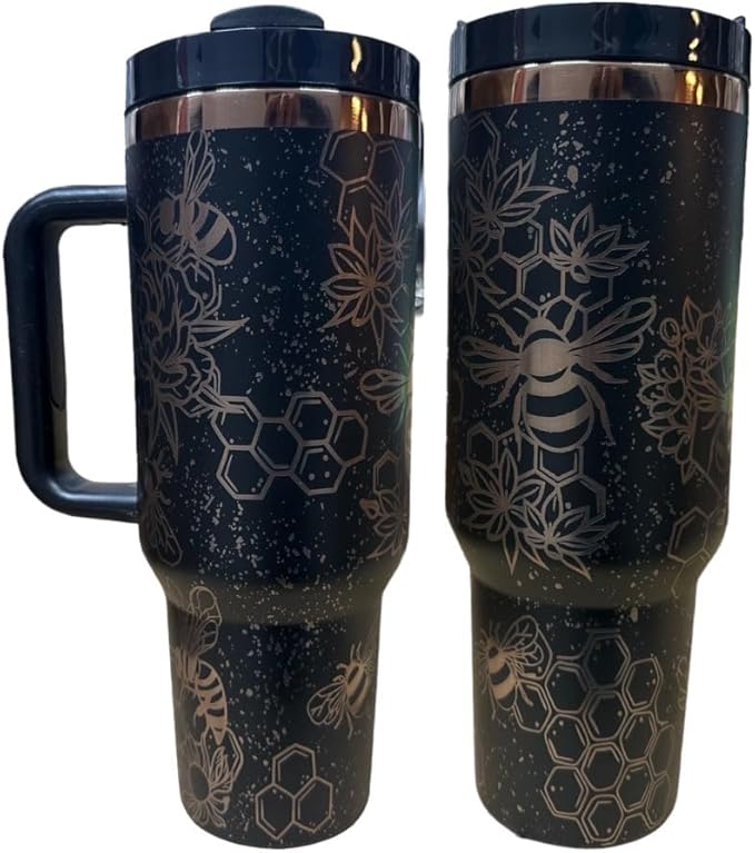 Western Engraved 40oz Tumbler, Tumbler with handle, Cowgirl Tumbler, Country Mug with Handle (Black r.Gold(16)-Bee(B31))