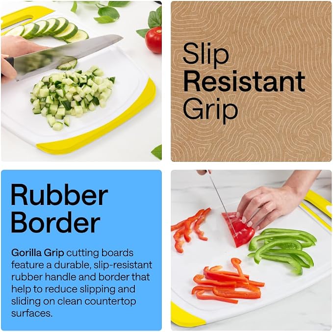 GORILLA GRIP BPA-Free Reversible Kitchen Cutting Board Set of 3, US Designed, Nonporous, Juice Grooves Catch Liquid, Slip Resistant Border, Dishwasher Safe, Durable Large Food Chopping Boards, Yellow - Image 3