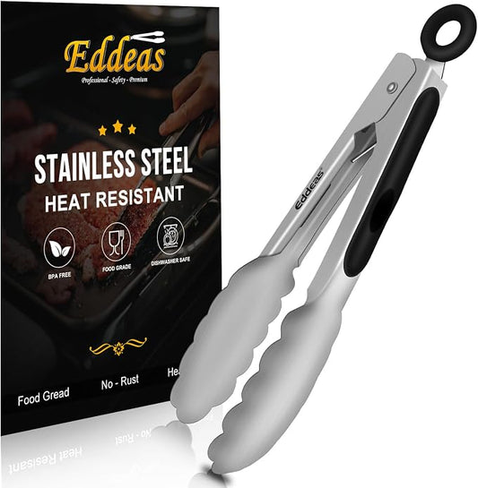 Eddeas Small Tongs For Cooking, Mini 7 inch Kitchen Tongs -Heat Resistant 600 Degrees Stainless Steel and Non-Slip handle - Perfect for Cooking, Salad, Pasta, Steaks, Vegetables,Dishwasher safe by Eddeas