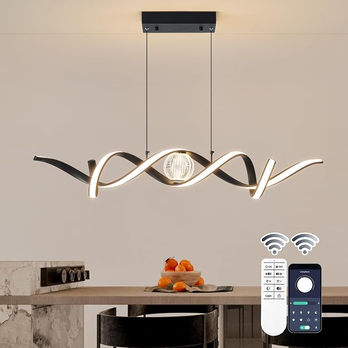 ORANOOR Modern LED Pendant Lights, Dimmable 39in Spiral Wave LED Chandelier | Linear Swivel Black Dining Room Hanging Lighting Fixtures, Kitchen Island Pendant Light Chandelier for Dining Table (2340lm) by ORANOOR