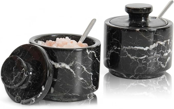 MARBLOUS KRAFTS Marble Salt Cellar Set of 2 with Spoon and Lid, 3 Inch Black Zebra Handcrafted Stone Salt Container for Kitchen Countertop, Seasoning Jar, Salt Dish, Fleur de Sel Holder, Gift Set by MarblousKrafts