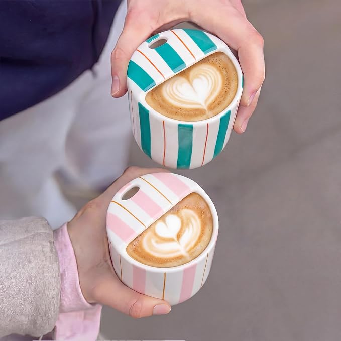 2 Pcs Ceramic Mug with Sip Hole 10 oz Pink Turquoise Striped Ceramic Coffee Mug Hand Painted Travel Mugs Heat Resistant Non Slip Built in One Lid Mugs for Coffee Lovers Appreciation Gift - Image 6