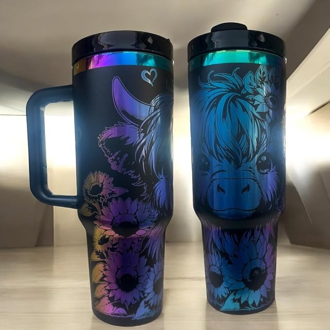 Western Engraved 40oz Tumbler, Tumbler with handle, Cowgirl Tumbler, Country Mug with Handle (Black/Rainbow-Cute cow)