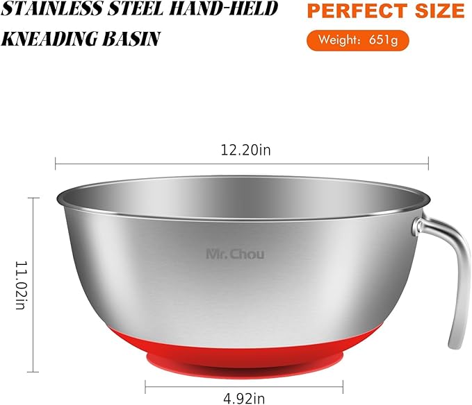 Suction Mixing Bowl SUS304 Stainless Steel w/Non-Slip Silicone Suction Cups Base, Egg Beating Bowls with Handle Baking Bowl Tool for Cooking Baking Prepping Food Storage Batter Bowl Deepen