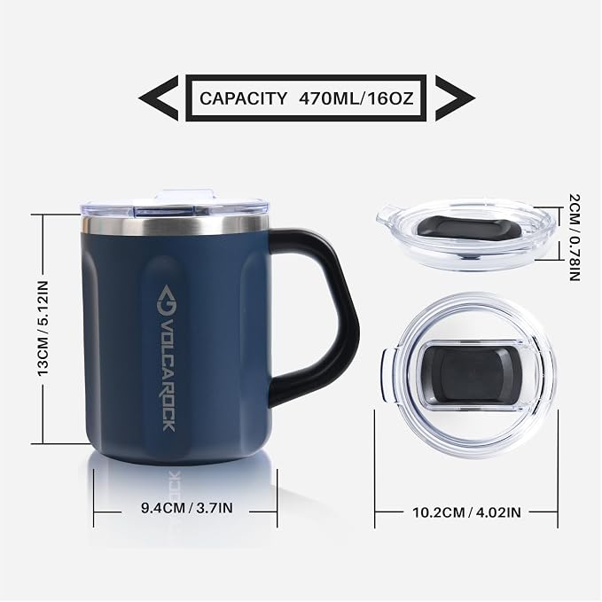 16 oz Stainless Steel Coffee Mug Cup with Handle, 16 oz Double Wall Vacuum Insulated Travel Mug Tumbler With Clear Slider Lid, Insulated Camping Tea Flask for Hot & Cold Drinks (Navy Blue) - Image 9