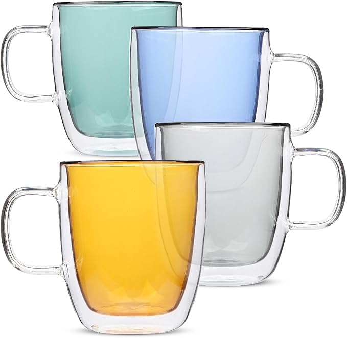 BTaT- Colored Double Walled Glass Coffee Mugs, Set of 4 (12oz, 350ml), Assorted Colors, Colorful Coffee Cups, Insulated Coffee Mug, Double Wall Glass Coffee Cups, Tea Cups
