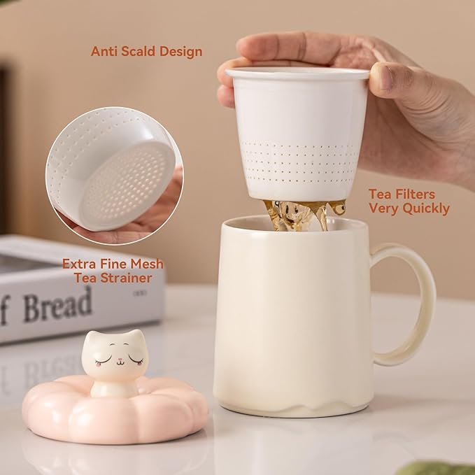 Tea Cup with Infuser and Lid 14oz - Ceramic Mug with Spinning Cat Lid, Floral Design Tea Gift for Women, Anniversary Birthday Gift Compatible with Warmer