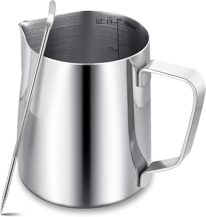 Milk Frothing Pitcher,Milk Steaming Frother Cup,Barista Cappuccino Latte Art Milk Jug with Decorating Pen,Stainless Steel Espresso Coffee Bar Accessories Tools (Silver, 14oz)
