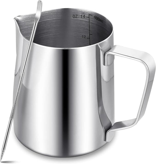 Milk Frothing Pitcher,Milk Steaming Frother Cup,Barista Cappuccino Latte Art Milk Jug with Decorating Pen,Stainless Steel Espresso Coffee Bar Accessories Tools (Silver, 14oz)