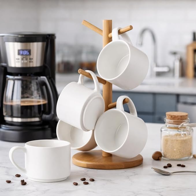 GBhome 14 OZ Coffee Mugs Set of 6, Stackable Ceramic Mugs for Men, Women, Modern Coffee Mugs With Stable Base for Latte, Tea, Cappuccino. Dishwasher & Microwave Safe, Matte White - Image 7
