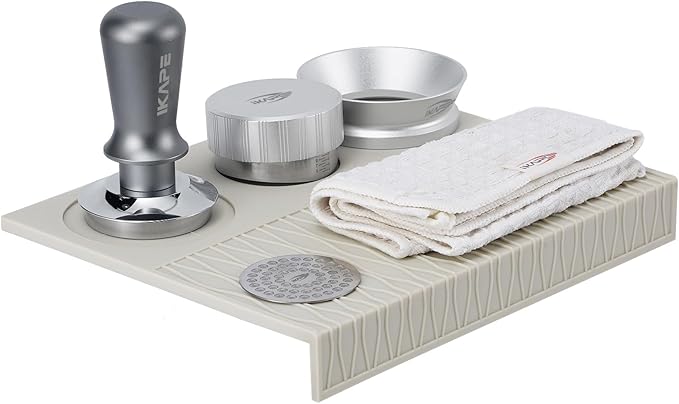 IKAPE 58mm Espresso Tamper Kit 6 IN 1 Silver, Coffee Tamper Set with Tamper, Distributor, Magnetic Funnel, Silicone Mat, Puck Screen, and Cleaning Towel for the Perfect Shot