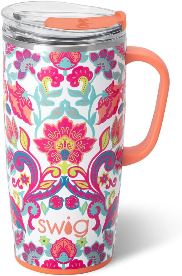 Swig Life 22oz Insulated Travel Mug with Handle & Lid, Flourish | Triple Insulated Stainless Steel - Handle & Lid Included - Keeps Coffee Hot or Cold - Cup Holder Friendly by SwigLife