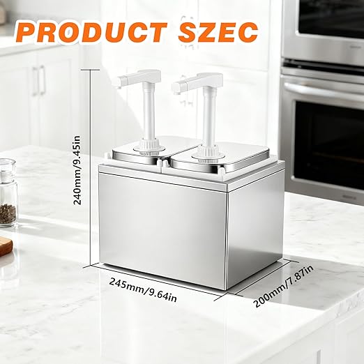 2.11 Quart Stainless Steel Sauce Pump Dispenser,Condiment Pump Station Detachable Leak-Proof Design for Sauce Honey Syrup Dressing,Commercial & Home Kitchen Use (2 Heads, 2L)