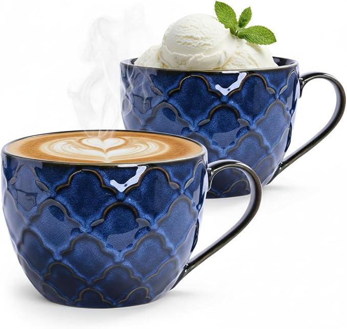 24 oz Large Coffee Mug, Ceramic Coffee Mugs with Handles, Set of 2, Blue | Coffee Mug for Hot Chocolate, Cappuccino, Soup, Oatmeal, Ramen, Microwave & Dishwasher Safe, Coffee Cups Large Soup Bowl by Seworlan