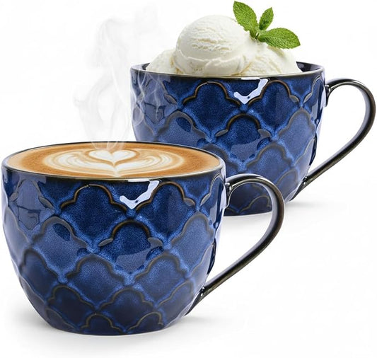 24 oz Large Coffee Mug, Ceramic Coffee Mugs with Handles, Set of 2, Blue | Coffee Mug for Hot Chocolate, Cappuccino, Soup, Oatmeal, Ramen, Microwave & Dishwasher Safe, Coffee Cups Large Soup Bowl by Seworlan