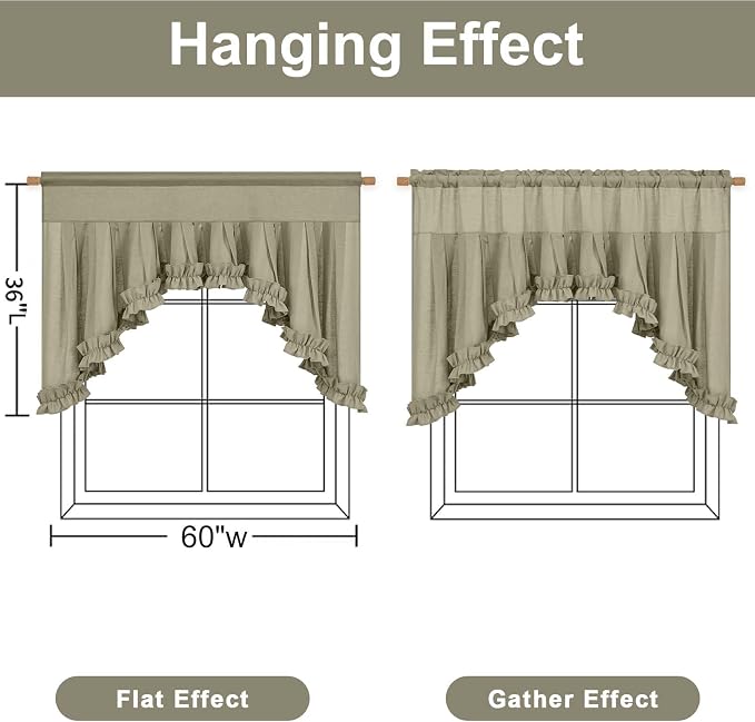 Likiyol Linen Valances for Windows Farmhouse Ruffle Swag Valance Rustic Country Window Valances Light Filtering Kitchen Curtains Rod Pocket Valance Curtains for Bathroom Cafe, Grey Brown, 60"W x 36"L - Image 2