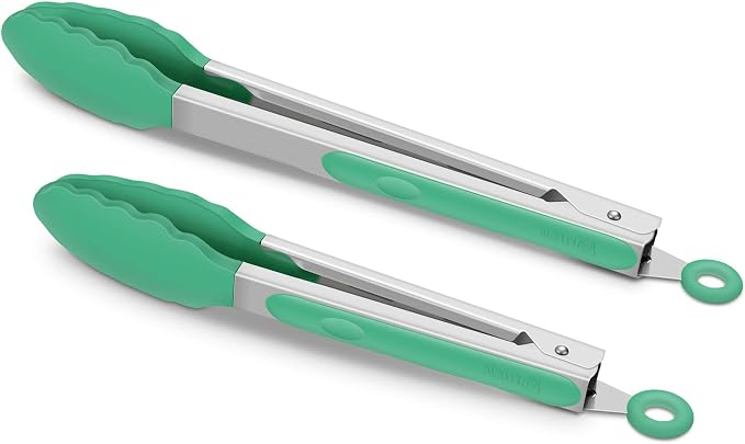 2 Pack Silicone Kitchen Tongs – 9" & 12" Set, Heat Resistant up to 500°F, Non‑Stick Cookware Safe, Wavy Silicone Tips, BPA Free, Locking Clip & Hanging Loop, Turquoise by ALLWIN-HOUSEWARE