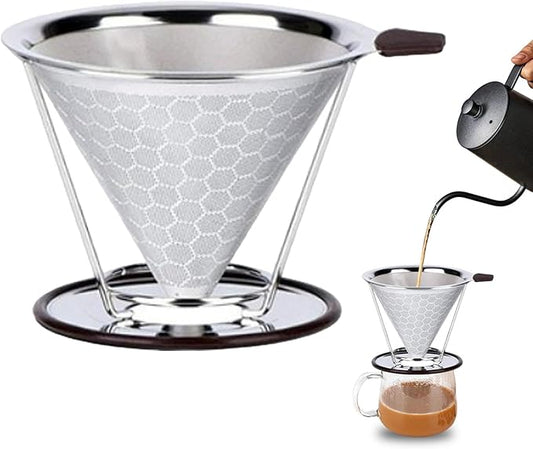Pour Over Coffee Dripper, Stainless Steel Metal Cone Coffee Filter Single Cup Coffe-e Maker with Non-slip Cups Stand, Reusable Paperless Dripper for Medium Grind Coffe-e, Optimize Extraction(Silver)