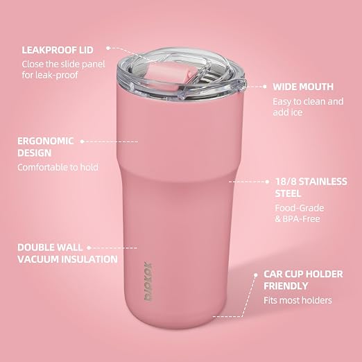 BJPKPK 20oz Spill Proof Coffee Tumbler, Insulated Stainless Steel Cup | Double Wall Vacuum, Leakproof Lid, Keeps Hot/Cold/Iced, BPA Free, Dishwasher Safe, Cupholder, Travel, Pink - Image 2
