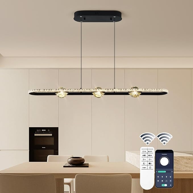 ORANOOR Modern LED Pendant Lights, Dimmable 39inch Crystal Globe Chandelier | Linear LED Chandelier Rectangle Black Dining Room Hanging Light Fixtures Kitchen Island Pendant Light Over Dining Table, 40W - Image 2