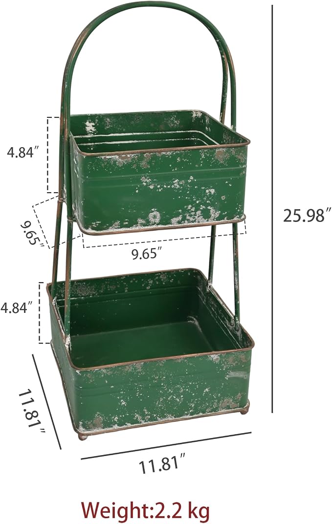 Vintage Metal Storage Basket 2-Tier 25.98" H Farmhouse Distressed Kitchen Counter Organizers Rustic Double-Layer Organizing Bin for Kitchen Pantry (Green) - Image 2