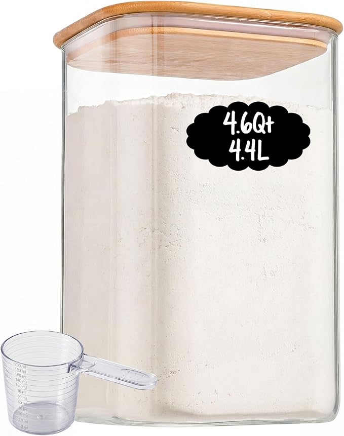 4.6Qt Large Glass Flour Sugar Storage Containers with Bamboo Lids | Wide Mouth Design, With Measuring Cup, Minimalist Kitchen Organizer,Scandinavian Style Storage,Nordic Style Storage by Unknown