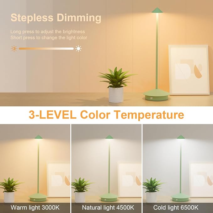 Cordless LED Table Lamps,Portable Battery Desk Lamp,2 Pack,Green | 6000mAh Rechargeable,3000K/4500K/6000K Touch Stepless Dimming,Aluminum IP54 Waterproof Wireless Lighting for Outdoor/Indoor - Image 2