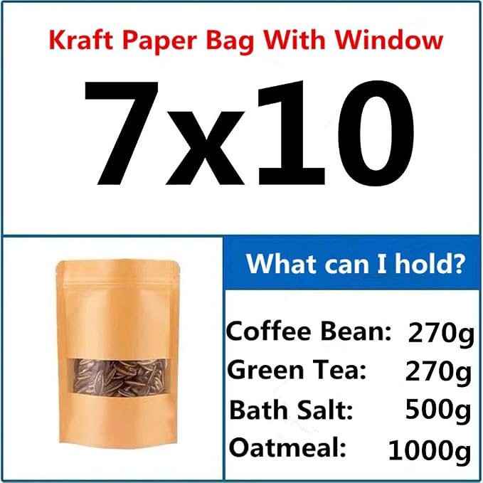 Kraft Heat Sealable Stand Up food Pouches Paper Mylar Bags With Window And Zipper,Heavy Duty Decorative Resealable Recycled For DIY Homemade Chips Favor Candy Cookies Christmas (50pcs 7x10+4inch) - Image 2