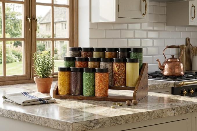 3 Tier Wood Spice Rack Organizer for Cabinet, Super Sturdy Display Riser Shelf Seasoning Organizer for Countertop Pantry Cupboard, Retro Storage Holder for Kitchen Condiment Jar Spice Container - Image 3