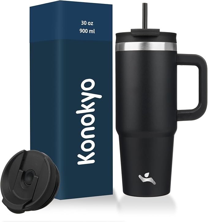 Konokyo 30 oz Insulated Tumbler Water Bottle with Handle, Straw Lid | BPA-free and dishwasher safe; made for gym, travel, coffee and gifting, 2 straws, cup holder friendly,Black by Konokyo