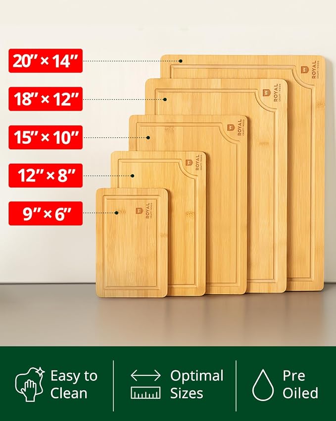 ROYAL CRAFT WOOD Wooden Cutting Boards for Kitchen Meal Prep & Serving - Bamboo Wood Serving Board Set with Deep Juice Groove Side Handles - Charcuterie & Chopping Butcher Block for Meat - Image 3