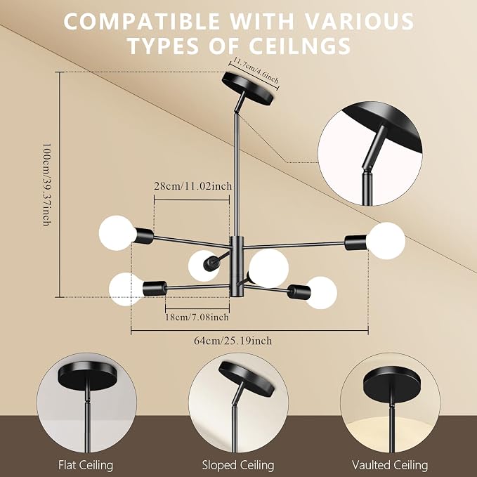 6-Light Modern Sputnik Chandelier, E26 Base Branch Height Adjustable,Mid Century Chandelier Pendant Light for Dining Room Hallway Bedroom Foyer Living Room Kitchen (Bulbs Not Included) - Image 3