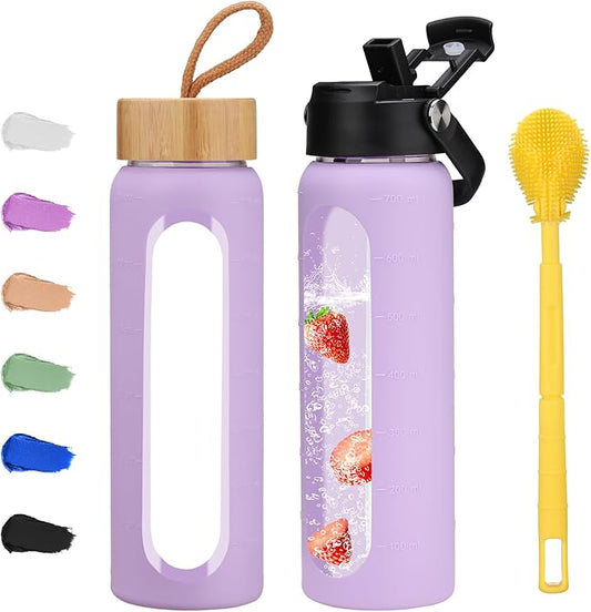 24 oz Glass Water Bottle with 2 Lids-Handle Straw Lid & Bamboo Lid,1 Liter Motivataional Tumbler Water Bottle Time Marker, Borosilicate Glass Water Bottles With Silicone Sleeve, Leakproof
