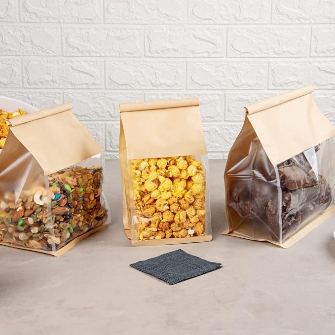 Bag Tek 5.1 x 4.1 x 11.2 Inch Tin Tie Bags With Windows, 100 Resealable Bakery Bags With Windows - Flat Bottom, For Cookies or Coffee Beans, Kraft Cotton Paper Tin Tie Bags - Restaurantware - Image 4
