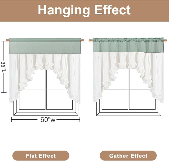 Likiyol Linen Valances for Windows Farmhouse Ruffle Swag Valance Rustic Country Window Valances Light Filtering Kitchen Curtains Rod Pocket Valance Curtains for Bathroom Cafe, Teal White, 60"W x 36"L - Image 3