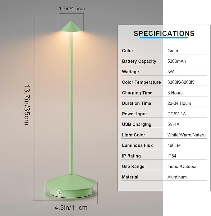 Cordless LED Table Lamps,Portable Battery Desk Lamp,2 Pack,Green | 6000mAh Rechargeable,3000K/4500K/6000K Touch Stepless Dimming,Aluminum IP54 Waterproof Wireless Lighting for Outdoor/Indoor - Image 5