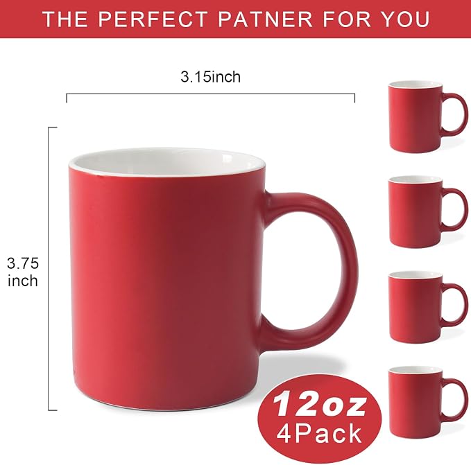 12 oz Cup Plain Gloss Red Ceramic Coffee Mug Set of 4 for Milk, Tea, Glazed Porcelain Cups with handle for Home Office, Dishwasher & Microwave Safe - Image 2
