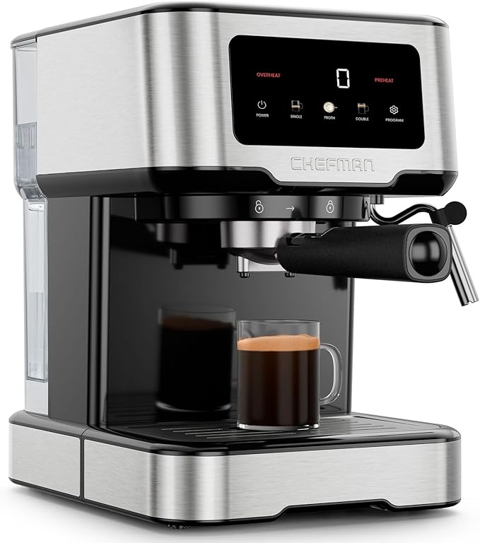 Chefman CraftBrew Espresso Machine, 15-Bar Pump Digital Espresso Maker w/Steam Wand for Latte & Cappuccino, Compact Espresso Coffee Machine w/ 1.5L Removable Water Reservoir - Stainless Steel by Chefman