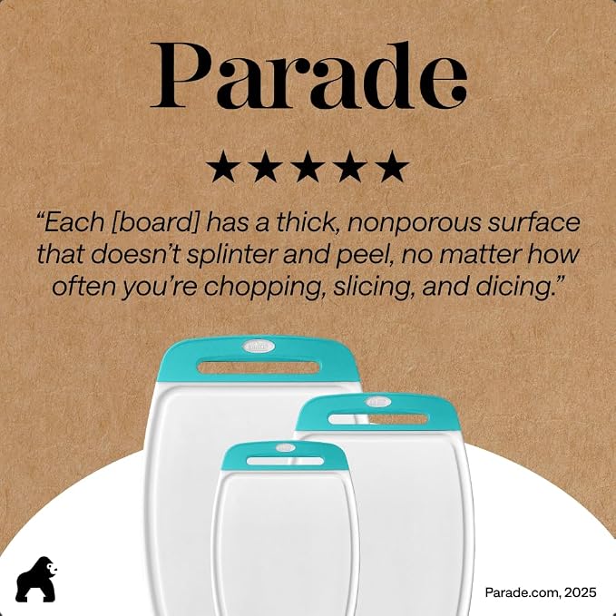 GORILLA GRIP BPA-Free Reversible Kitchen Cutting Board Set of 3, US Designed, Nonporous, Juice Grooves Catch Liquid, Slip Resistant Border, Dishwasher Safe Durable Large Food Chopping Boards Turquoise - Image 9